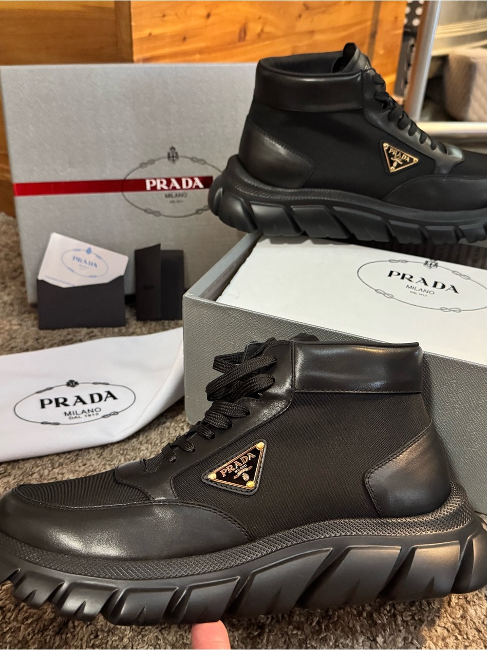 Prada Black High-Top Leather & Nylon Sneakers with Gold Logo